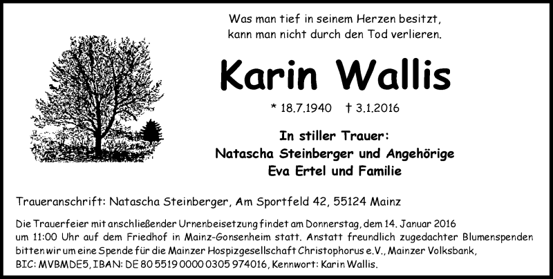  Traueranzeige für Karin Wallis vom 09.01.2016 aus  Allgemeine Zeitung Mainz