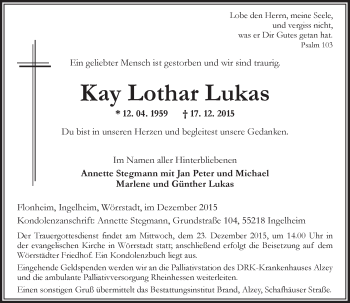 Traueranzeige von Kay Lothar Lukas von  Allgemeine  Zeitung Ingelheim-Bingen