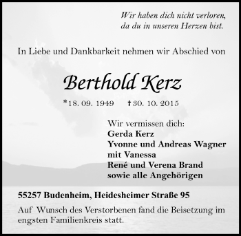 Traueranzeige von Berthold Kerz von  Allgemeine Zeitung Mainz