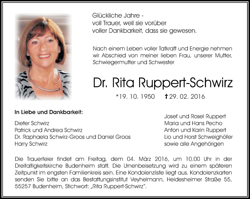  Traueranzeige für Rita Ruppert-Schwirz vom 02.03.2016 aus  Allgemeine  Zeitung Ingelheim-Bingen