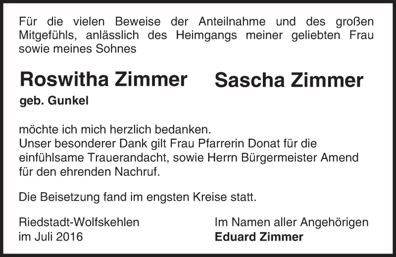  Traueranzeige für Roswitha Zimmer vom 23.07.2016 aus Trauerportal Echo Online