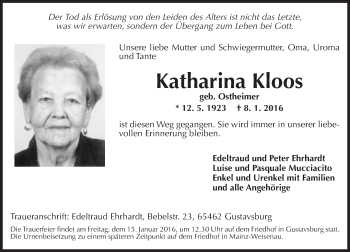 Traueranzeige von Katharina Kloos von  Allgemeine Zeitung Mainz