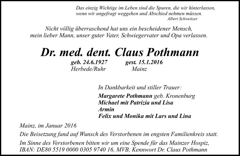  Traueranzeige für Claus Pothmann vom 30.01.2016 aus  Allgemeine Zeitung Mainz