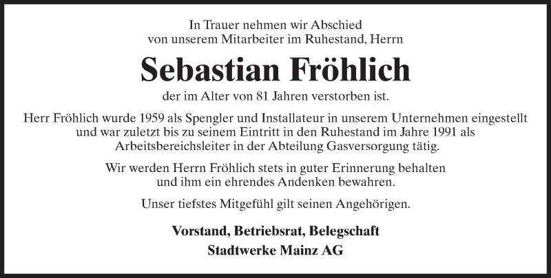  Traueranzeige für Sebastian Fröhlich vom 01.07.2016 aus Trauerportal Rhein Main Presse