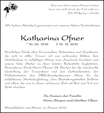 Traueranzeige von Katharina Ofner von  Allgemeine Zeitung Alzey