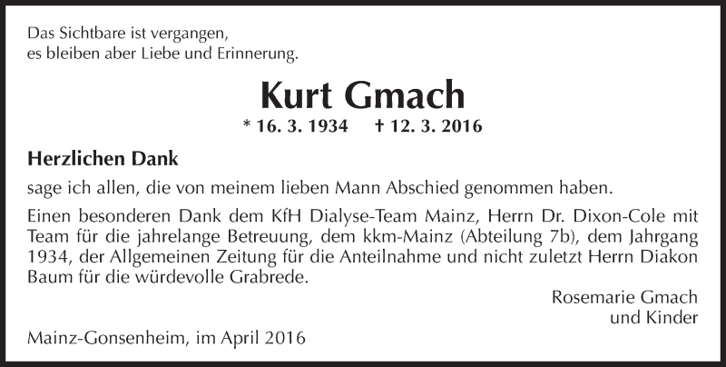  Traueranzeige für Kurt Gmach vom 02.04.2016 aus  Allgemeine Zeitung Mainz