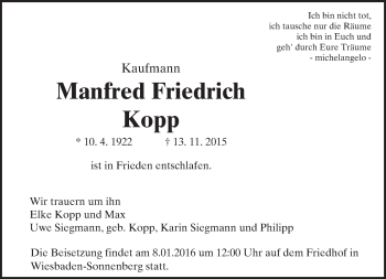 Traueranzeige von Manfred Friedrich Kopp von  Wiesbaden komplett