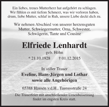 Traueranzeige von Elfriede Lenhardt von  Wiesbaden komplett