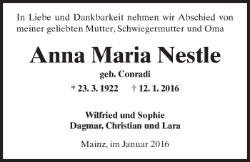Traueranzeige von Anna Maria Nestle von  Allgemeine Zeitung Mainz