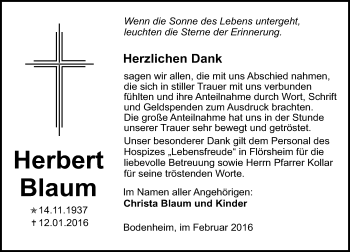 Traueranzeige von Herbert Blaum von  Allgemeine Zeitung Mainz