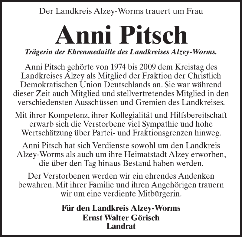 Traueranzeige für Anni Pitsch vom 08.01.2016 aus trauer.rmp.de