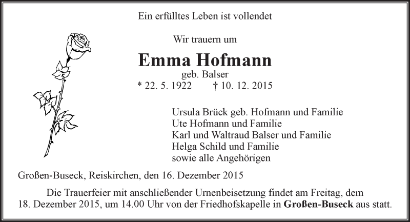  Traueranzeige für Emma Hofmann vom 16.12.2015 aus  Gießener Anzeiger