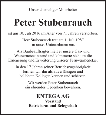 Traueranzeige von Peter Stubenrauch von Trauerportal Echo Online