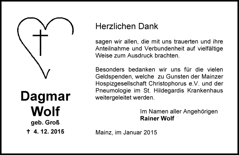 Traueranzeige für Dagmar Wolf vom 02.01.2016 aus  Allgemeine Zeitung Mainz