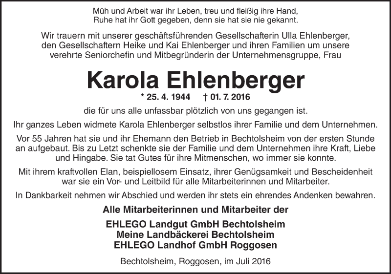  Traueranzeige für Karola Ehlenberger vom 05.07.2016 aus Trauerportal Rhein Main Presse