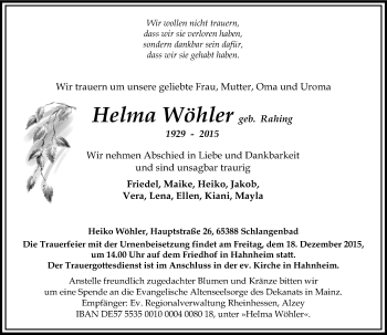 Traueranzeige von Helma Wöhler von  Landskrone