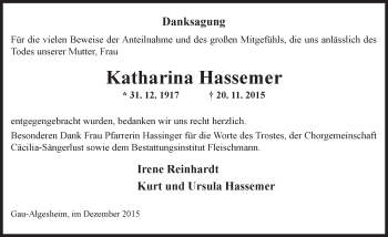 Traueranzeige von Katharina Hassemer von  Allgemeine  Zeitung Ingelheim-Bingen