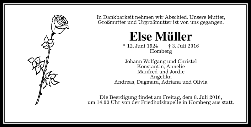  Traueranzeige für Else Müller vom 06.07.2016 aus VRM Trauer