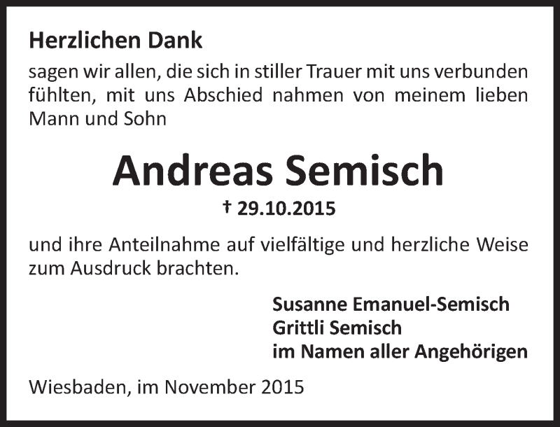 Traueranzeige für Andreas Semisch vom 21.11.2015 aus  Wiesbaden komplett