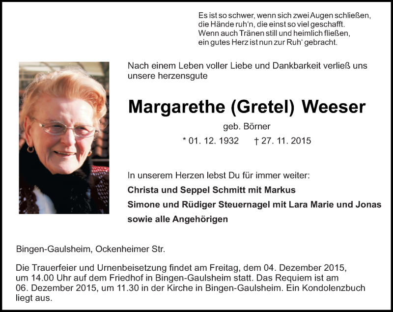  Traueranzeige für Margarethe Weeser vom 01.12.2015 aus  Allgemeine  Zeitung Ingelheim-Bingen