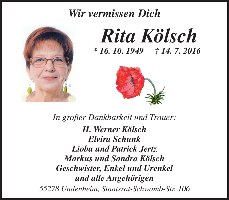  Traueranzeige für Rita Kölsch vom 23.07.2016 aus Trauerportal Rhein Main Presse