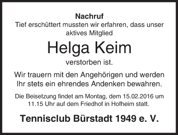 Traueranzeige von Helga Keim von  Bürstädter Zeitung
