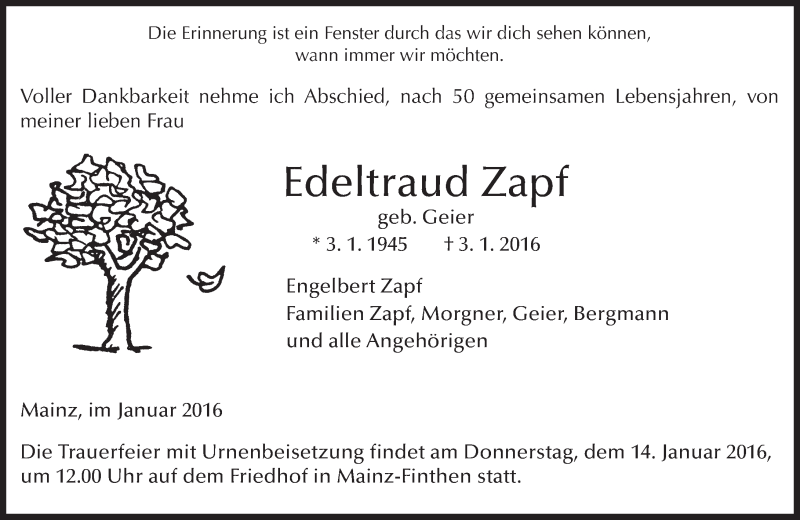  Traueranzeige für Edeltraud Zapf vom 09.01.2016 aus  Allgemeine Zeitung Mainz