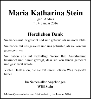 Traueranzeige von Maria Katharina Stein von  Allgemeine  Zeitung Ingelheim-Bingen