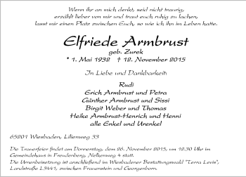Traueranzeige von Elfriede Armbrust von  Wiesbaden komplett