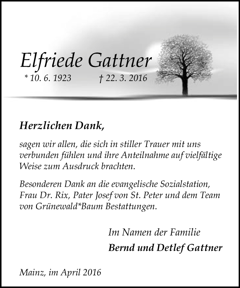  Traueranzeige für Elfriede Gattner vom 23.04.2016 aus  Allgemeine Zeitung Mainz