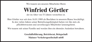 Traueranzeige von Winfried Görtler von Trauerportal Rhein Main Presse