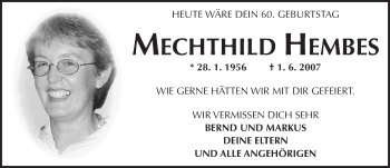 Traueranzeige von Mechthild Hembes von  Allgemeine Zeitung Mainz