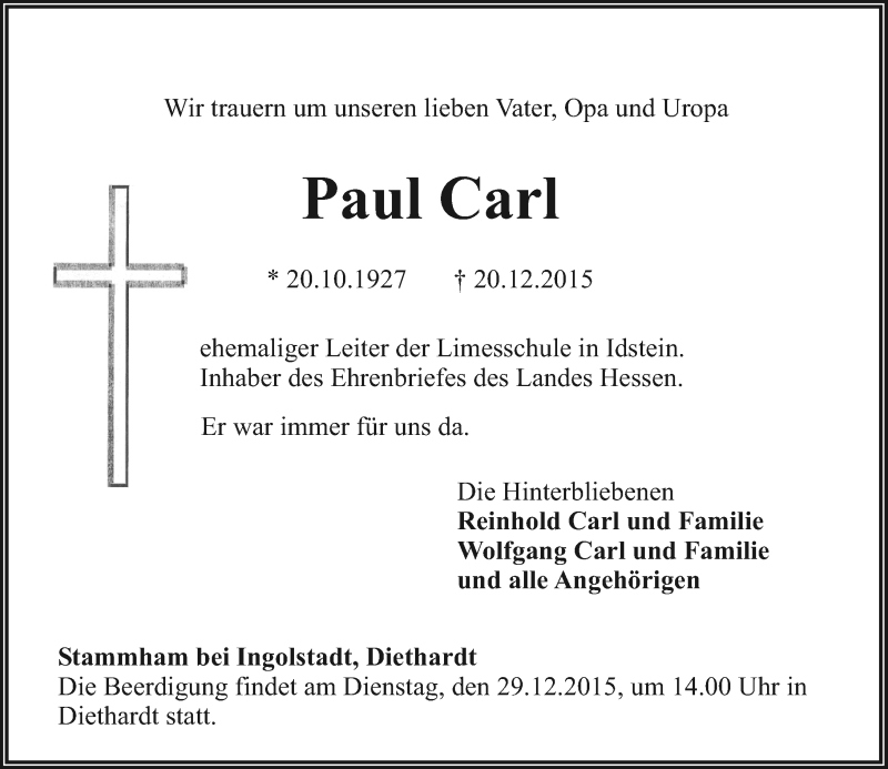  Traueranzeige für Paul Carl vom 23.12.2015 aus  Wiesbaden komplett