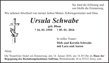 Traueranzeige von Ursula Schwabe von  Allgemeine Zeitung Alzey