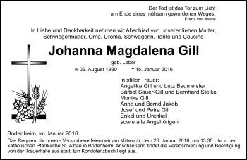 Traueranzeige von Johanna Magdalena Gill von  Allgemeine Zeitung Mainz