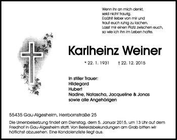 Traueranzeige von Karlheinz Weiner von  Allgemeine  Zeitung Ingelheim-Bingen