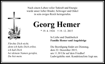 Traueranzeige von Georg Hemer von  Allgemeine Zeitung Mainz