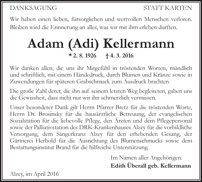  Traueranzeige für Adam Kellermann vom 02.04.2016 aus  Allgemeine Zeitung Alzey