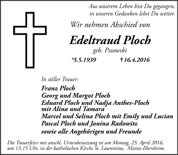 Traueranzeige von Edeltraud Ploch von  Allgemeine Zeitung Mainz