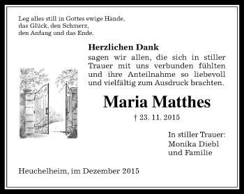 Traueranzeige von Maria Matthes von  Gießener Anzeiger