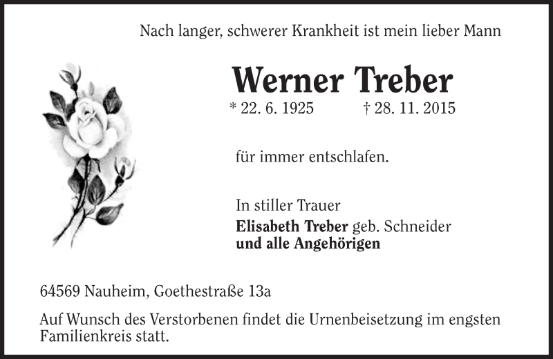 Traueranzeige für Werner Treber vom 05.12.2015 aus  Mainspitze