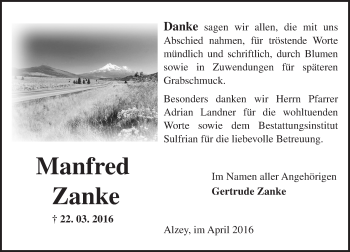 Traueranzeige von Manfred Zanke von  Allgemeine Zeitung Alzey