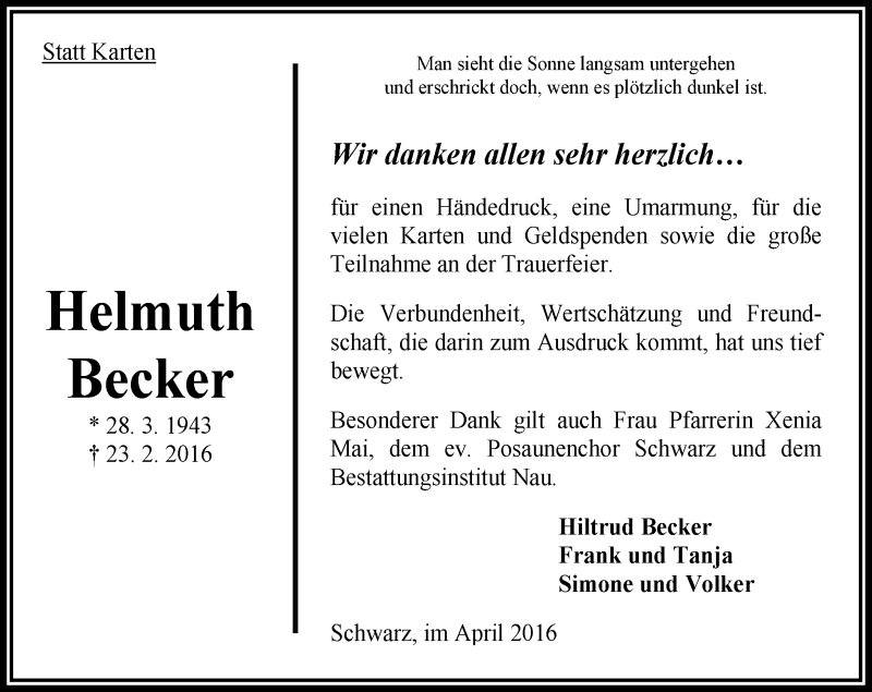  Traueranzeige für Helmuth Becker vom 09.04.2016 aus  OK Oberhessen Kurier