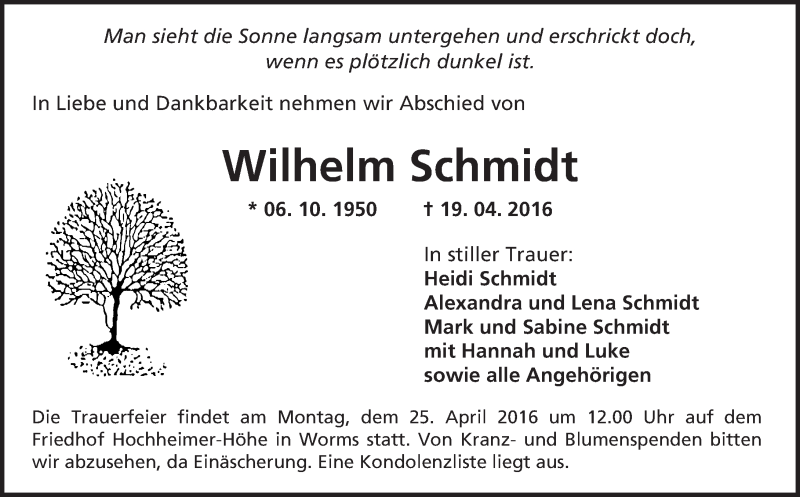  Traueranzeige für Wilhelm Schmidt vom 22.04.2016 aus  Wormser Zeitung
