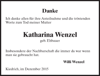 Traueranzeige von Katharina Wenzel von  Rheingau