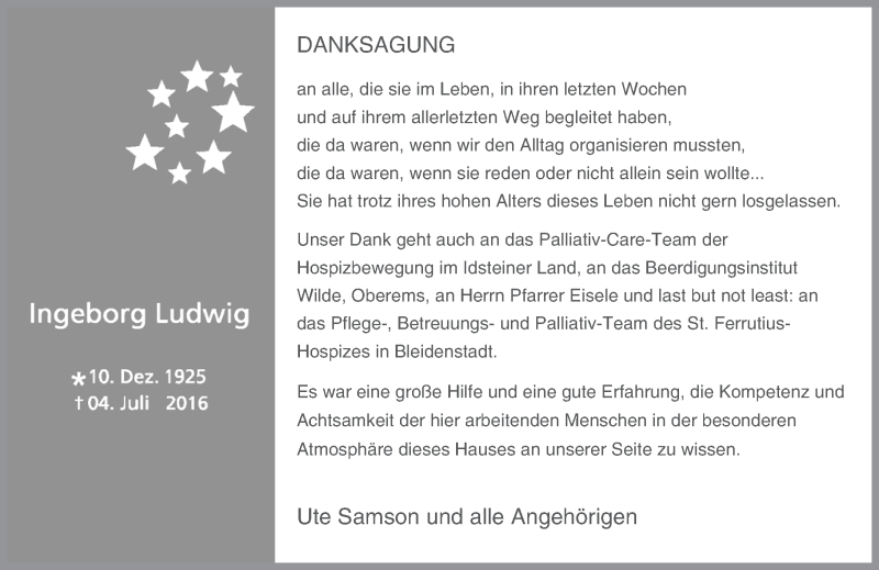  Traueranzeige für Ingeborg Ludwig vom 23.07.2016 aus Trauerportal Rhein Main Presse