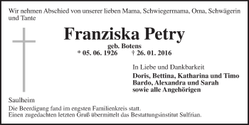 Traueranzeige von Franziska Petry von  Allgemeine Zeitung Alzey
