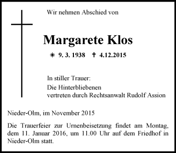 Traueranzeige von Margarete Klos von  Allgemeine Zeitung Mainz