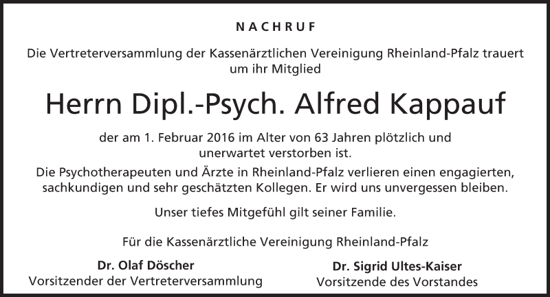  Traueranzeige für Alfred Kappauf vom 13.02.2016 aus trauer.rmp.de