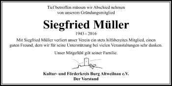 Traueranzeige von Siegfried Müller von  Usinger Anzeiger